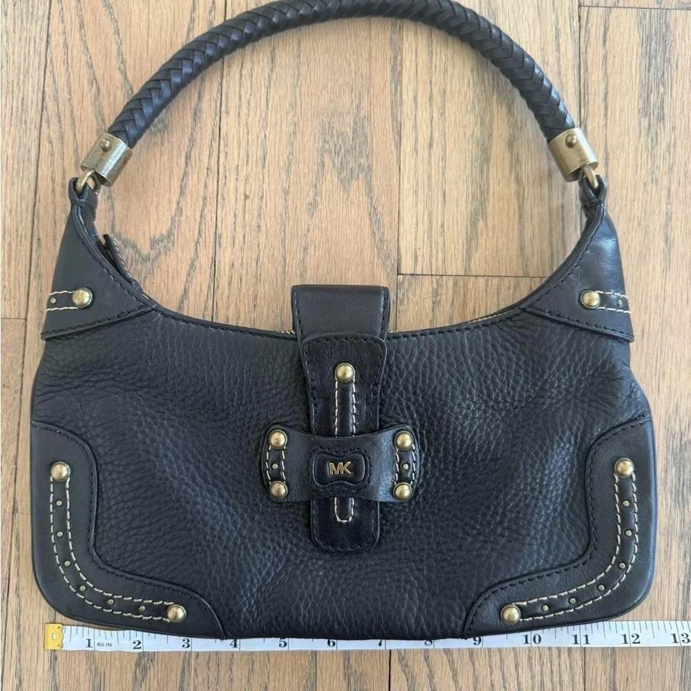 Michael Kors Black Leather Shoulder Purse with Braided Strap and Gold Detailing